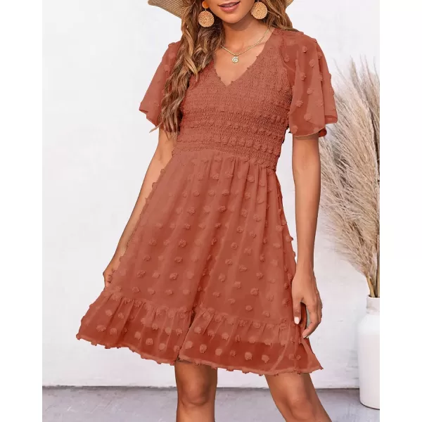 imageBTFBM Womens V Neck Smocked Short Sleeve Casual Dress Swiss Dot Swing Flowy Ruffle Hem Mini Beach Summer Dresses 2023Swiss Dot Orange