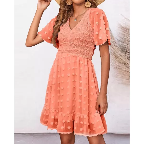 imageBTFBM Womens V Neck Smocked Short Sleeve Casual Dress Swiss Dot Swing Flowy Ruffle Hem Mini Beach Summer Dresses 2023Swiss Dot Orange Pink