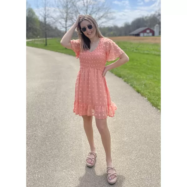 imageBTFBM Womens V Neck Smocked Short Sleeve Casual Dress Swiss Dot Swing Flowy Ruffle Hem Mini Beach Summer Dresses 2023Swiss Dot Orange Pink
