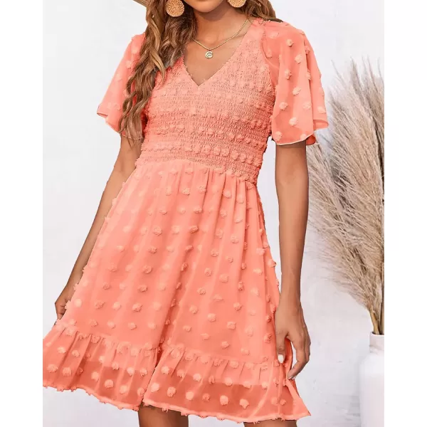imageBTFBM Womens V Neck Smocked Short Sleeve Casual Dress Swiss Dot Swing Flowy Ruffle Hem Mini Beach Summer Dresses 2023Swiss Dot Orange Pink