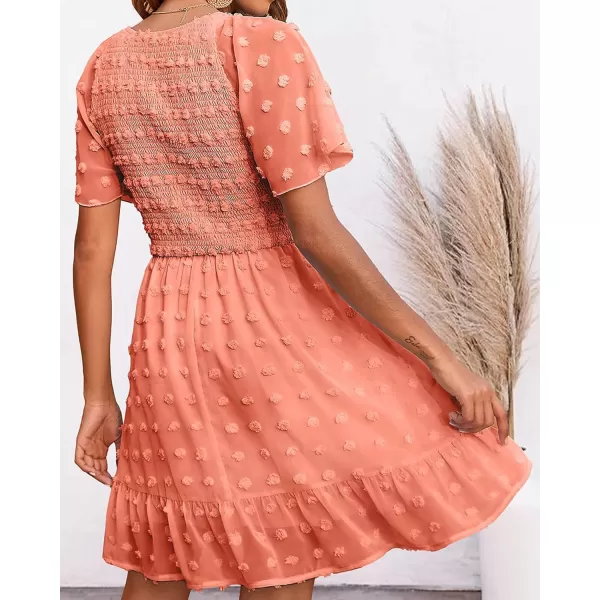 imageBTFBM Womens V Neck Smocked Short Sleeve Casual Dress Swiss Dot Swing Flowy Ruffle Hem Mini Beach Summer Dresses 2023Swiss Dot Orange Pink