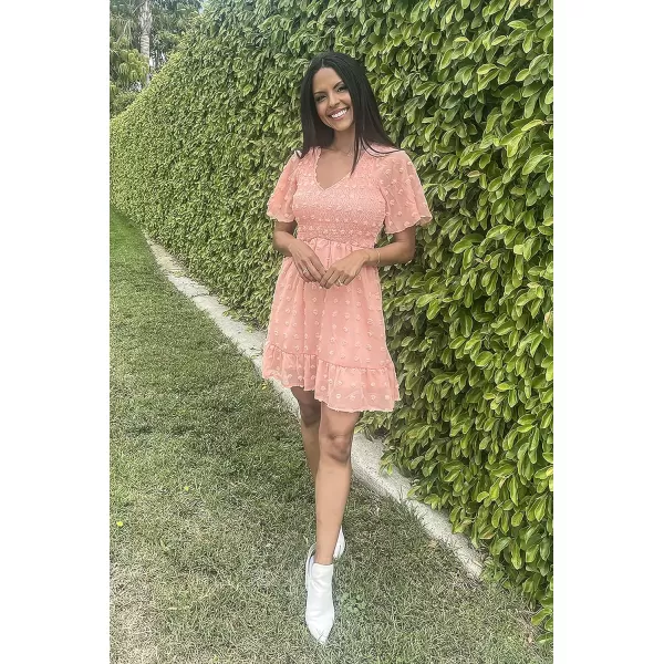 imageBTFBM Womens V Neck Smocked Short Sleeve Casual Dress Swiss Dot Swing Flowy Ruffle Hem Mini Beach Summer Dresses 2023Swiss Dot Orange Pink