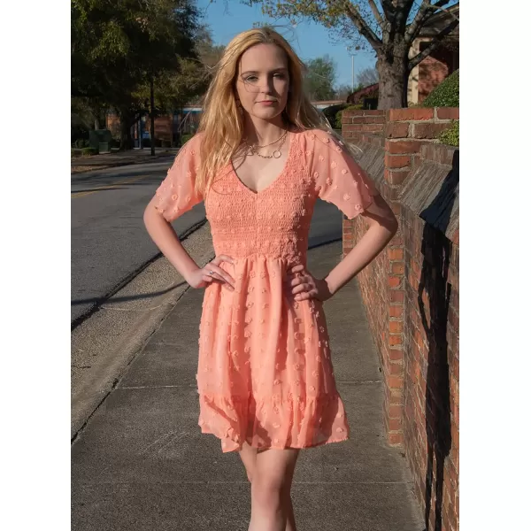 imageBTFBM Womens V Neck Smocked Short Sleeve Casual Dress Swiss Dot Swing Flowy Ruffle Hem Mini Beach Summer Dresses 2023Swiss Dot Orange Pink