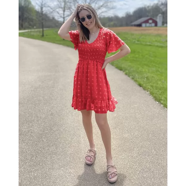 imageBTFBM Womens V Neck Smocked Short Sleeve Casual Dress Swiss Dot Swing Flowy Ruffle Hem Mini Beach Summer Dresses 2023Swiss Dot Red