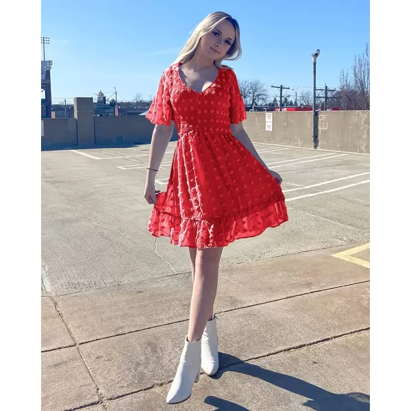 imageBTFBM Womens V Neck Smocked Short Sleeve Casual Dress Swiss Dot Swing Flowy Ruffle Hem Mini Beach Summer Dresses 2023Swiss Dot Red