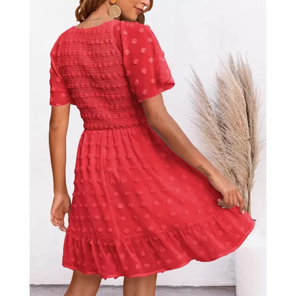 imageBTFBM Womens V Neck Smocked Short Sleeve Casual Dress Swiss Dot Swing Flowy Ruffle Hem Mini Beach Summer Dresses 2023Swiss Dot Red