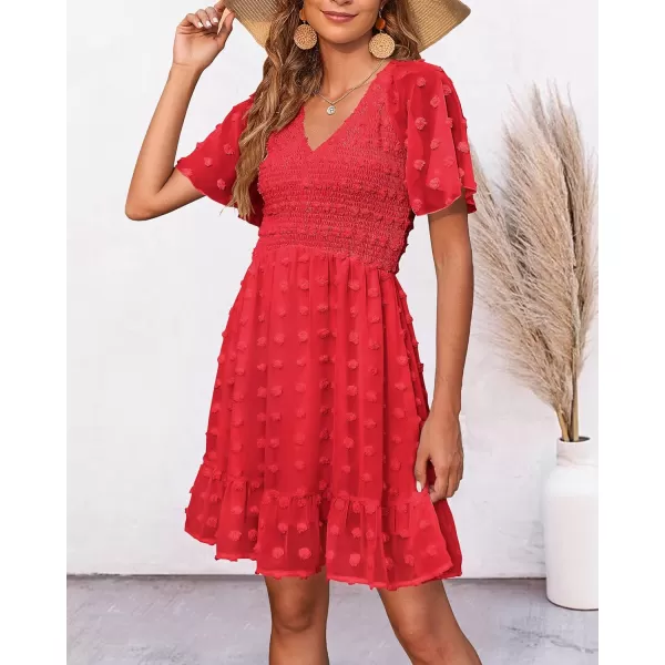 imageBTFBM Womens V Neck Smocked Short Sleeve Casual Dress Swiss Dot Swing Flowy Ruffle Hem Mini Beach Summer Dresses 2023Swiss Dot Red