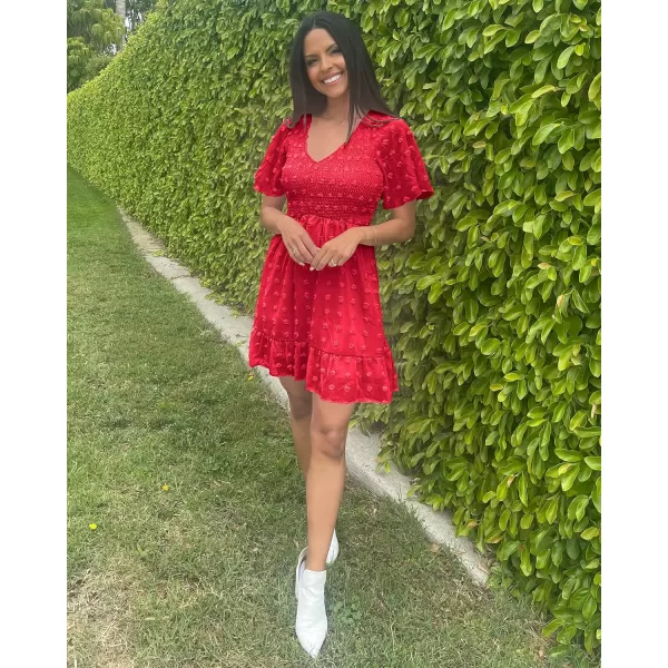 imageBTFBM Womens V Neck Smocked Short Sleeve Casual Dress Swiss Dot Swing Flowy Ruffle Hem Mini Beach Summer Dresses 2023Swiss Dot Red