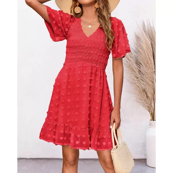 imageBTFBM Womens V Neck Smocked Short Sleeve Casual Dress Swiss Dot Swing Flowy Ruffle Hem Mini Beach Summer Dresses 2023Swiss Dot Red