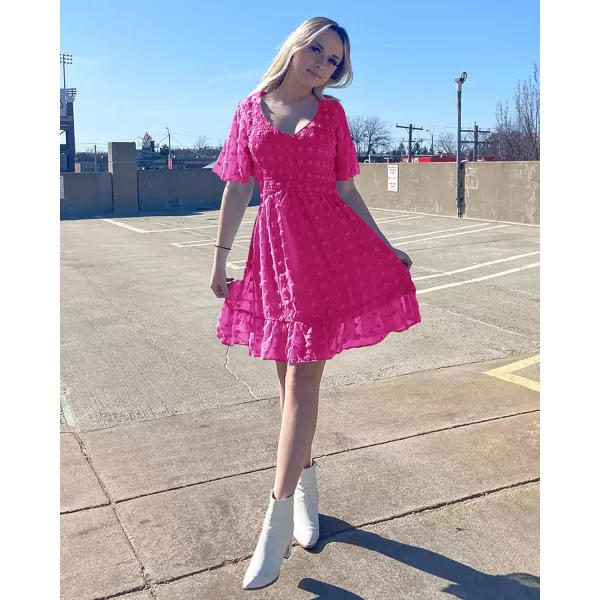 imageBTFBM Womens V Neck Smocked Short Sleeve Casual Dress Swiss Dot Swing Flowy Ruffle Hem Mini Beach Summer Dresses 2023Swiss Dot Rose Red