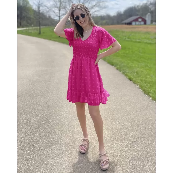 imageBTFBM Womens V Neck Smocked Short Sleeve Casual Dress Swiss Dot Swing Flowy Ruffle Hem Mini Beach Summer Dresses 2023Swiss Dot Rose Red
