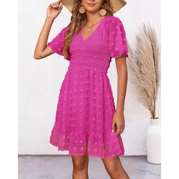 imageBTFBM Womens V Neck Smocked Short Sleeve Casual Dress Swiss Dot Swing Flowy Ruffle Hem Mini Beach Summer Dresses 2023Swiss Dot Rose Red