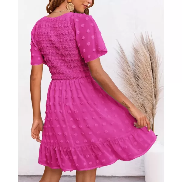 imageBTFBM Womens V Neck Smocked Short Sleeve Casual Dress Swiss Dot Swing Flowy Ruffle Hem Mini Beach Summer Dresses 2023Swiss Dot Rose Red