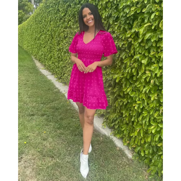 imageBTFBM Womens V Neck Smocked Short Sleeve Casual Dress Swiss Dot Swing Flowy Ruffle Hem Mini Beach Summer Dresses 2023Swiss Dot Rose Red