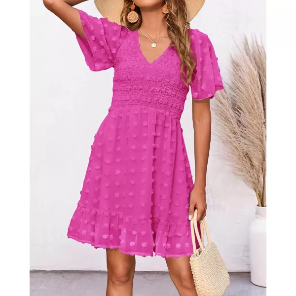 imageBTFBM Womens V Neck Smocked Short Sleeve Casual Dress Swiss Dot Swing Flowy Ruffle Hem Mini Beach Summer Dresses 2023Swiss Dot Rose Red