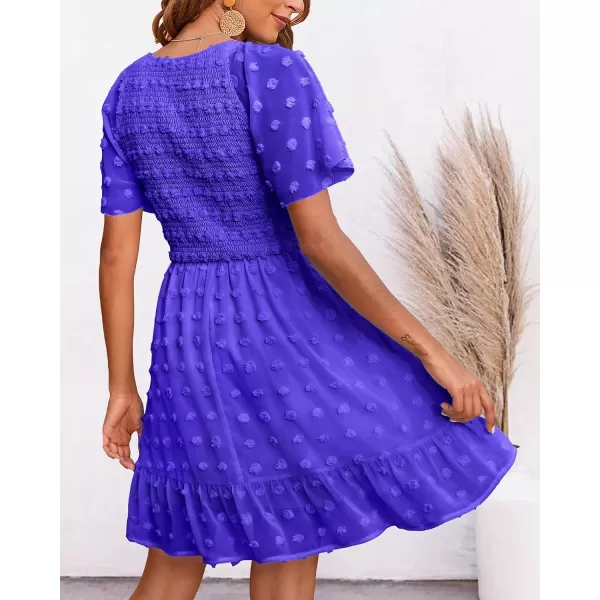 imageBTFBM Womens V Neck Smocked Short Sleeve Casual Dress Swiss Dot Swing Flowy Ruffle Hem Mini Beach Summer Dresses 2023Swiss Dot Royal Blue