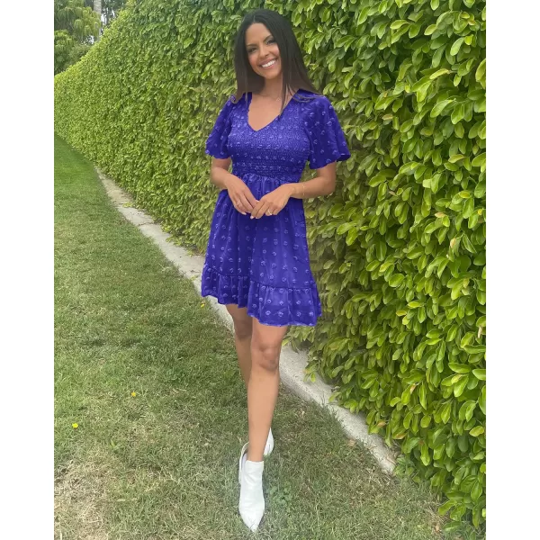 imageBTFBM Womens V Neck Smocked Short Sleeve Casual Dress Swiss Dot Swing Flowy Ruffle Hem Mini Beach Summer Dresses 2023Swiss Dot Royal Blue