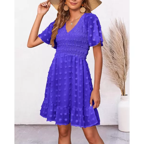 imageBTFBM Womens V Neck Smocked Short Sleeve Casual Dress Swiss Dot Swing Flowy Ruffle Hem Mini Beach Summer Dresses 2023Swiss Dot Royal Blue