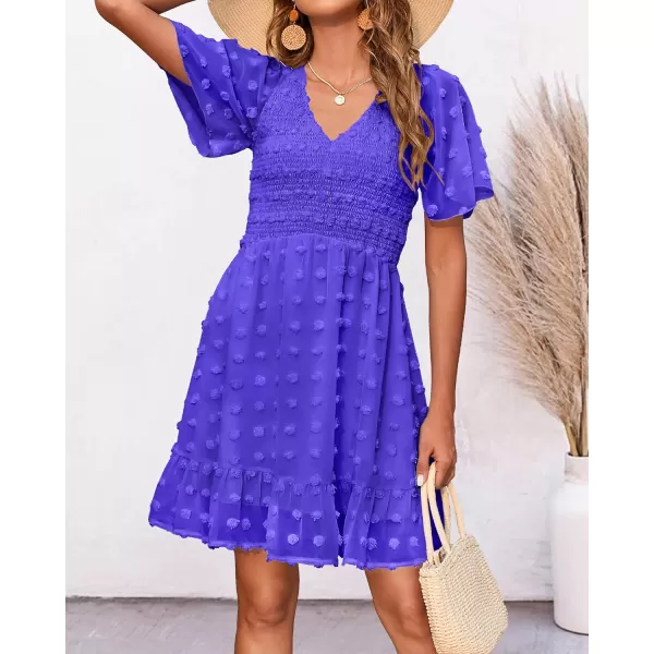 imageBTFBM Womens V Neck Smocked Short Sleeve Casual Dress Swiss Dot Swing Flowy Ruffle Hem Mini Beach Summer Dresses 2023Swiss Dot Royal Blue