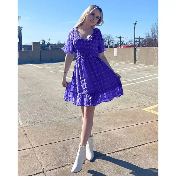 imageBTFBM Womens V Neck Smocked Short Sleeve Casual Dress Swiss Dot Swing Flowy Ruffle Hem Mini Beach Summer Dresses 2023Swiss Dot Royal Blue