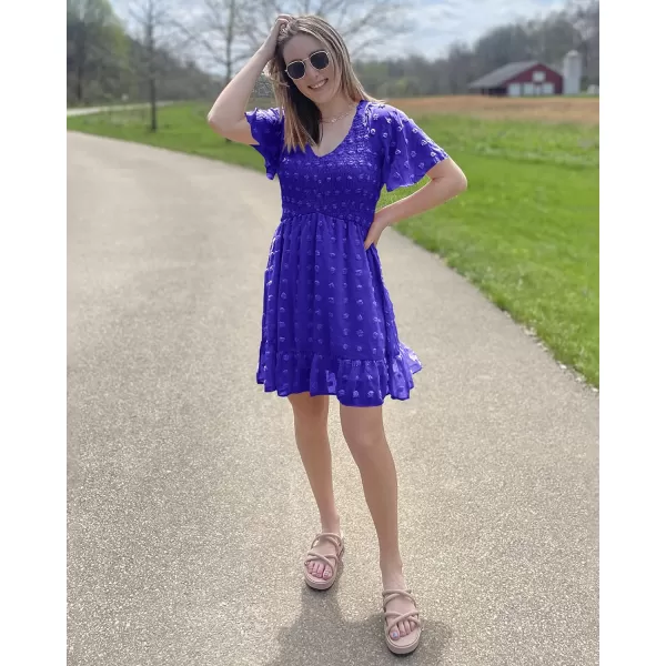 imageBTFBM Womens V Neck Smocked Short Sleeve Casual Dress Swiss Dot Swing Flowy Ruffle Hem Mini Beach Summer Dresses 2023Swiss Dot Royal Blue