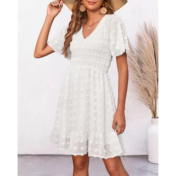 imageBTFBM Womens V Neck Smocked Short Sleeve Casual Dress Swiss Dot Swing Flowy Ruffle Hem Mini Beach Summer Dresses 2023Swiss Dot White