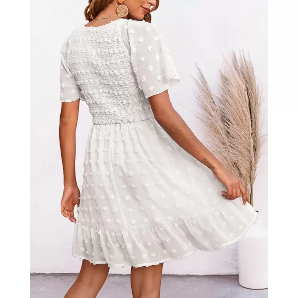 imageBTFBM Womens V Neck Smocked Short Sleeve Casual Dress Swiss Dot Swing Flowy Ruffle Hem Mini Beach Summer Dresses 2023Swiss Dot White