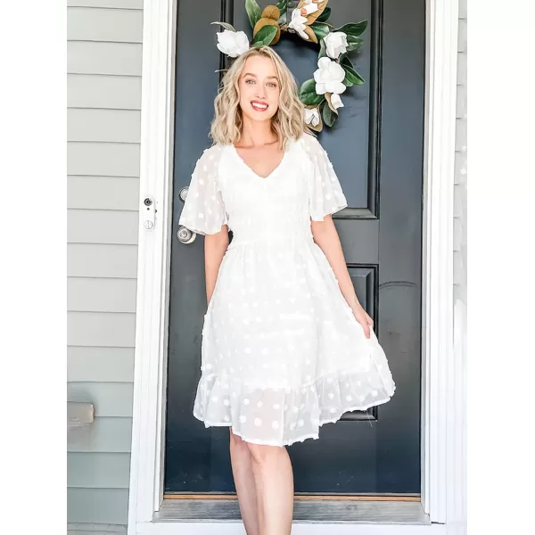 imageBTFBM Womens V Neck Smocked Short Sleeve Casual Dress Swiss Dot Swing Flowy Ruffle Hem Mini Beach Summer Dresses 2023Swiss Dot White