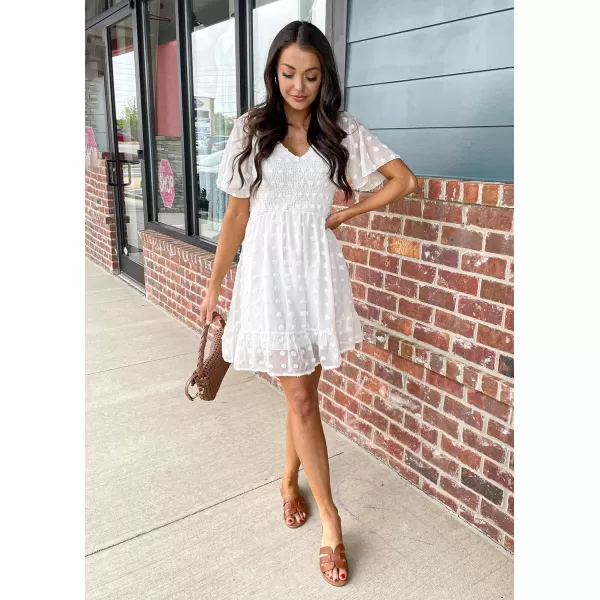 imageBTFBM Womens V Neck Smocked Short Sleeve Casual Dress Swiss Dot Swing Flowy Ruffle Hem Mini Beach Summer Dresses 2023Swiss Dot White