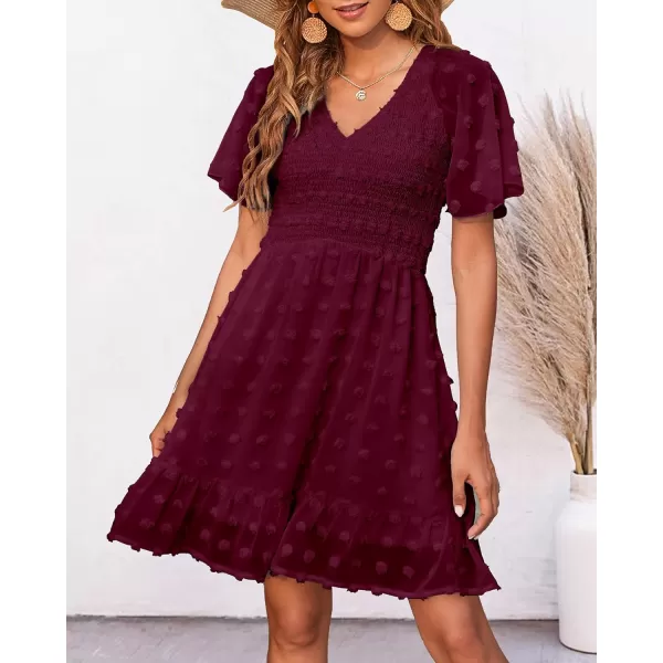 imageBTFBM Womens V Neck Smocked Short Sleeve Casual Dress Swiss Dot Swing Flowy Ruffle Hem Mini Beach Summer Dresses 2023Swiss Dot Wine Red