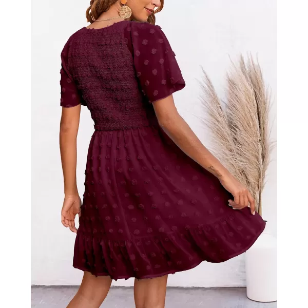 imageBTFBM Womens V Neck Smocked Short Sleeve Casual Dress Swiss Dot Swing Flowy Ruffle Hem Mini Beach Summer Dresses 2023Swiss Dot Wine Red