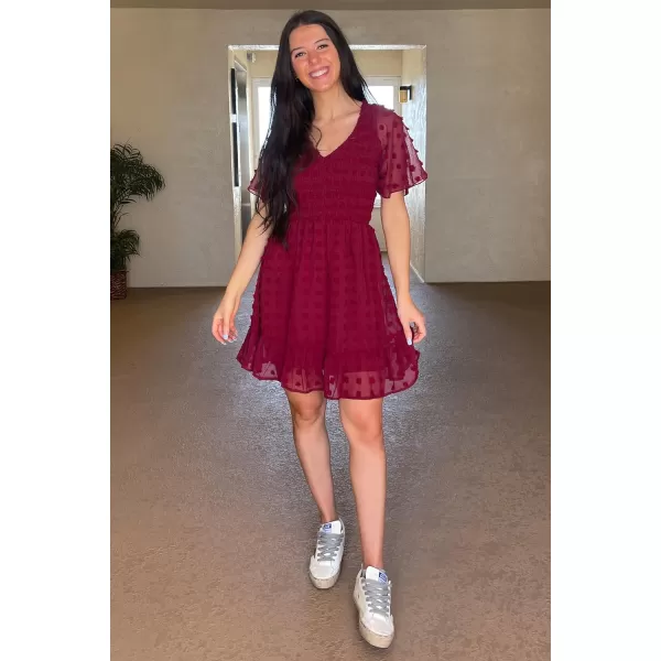 imageBTFBM Womens V Neck Smocked Short Sleeve Casual Dress Swiss Dot Swing Flowy Ruffle Hem Mini Beach Summer Dresses 2023Swiss Dot Wine Red