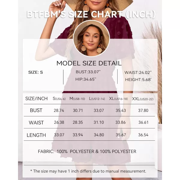 imageBTFBM Womens V Neck Smocked Short Sleeve Casual Dress Swiss Dot Swing Flowy Ruffle Hem Mini Beach Summer Dresses 2023Swiss Dot Wine Red