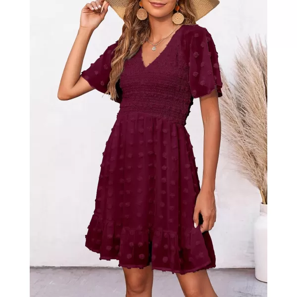imageBTFBM Womens V Neck Smocked Short Sleeve Casual Dress Swiss Dot Swing Flowy Ruffle Hem Mini Beach Summer Dresses 2023Swiss Dot Wine Red