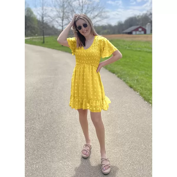 imageBTFBM Womens V Neck Smocked Short Sleeve Casual Dress Swiss Dot Swing Flowy Ruffle Hem Mini Beach Summer Dresses 2023Swiss Dot Yellow