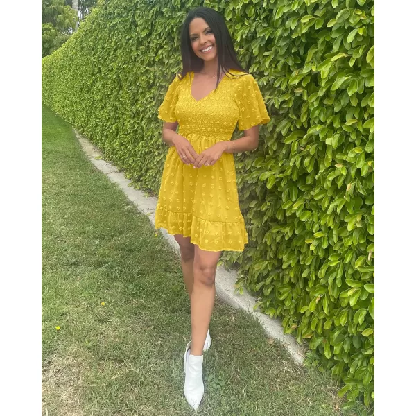 imageBTFBM Womens V Neck Smocked Short Sleeve Casual Dress Swiss Dot Swing Flowy Ruffle Hem Mini Beach Summer Dresses 2023Swiss Dot Yellow