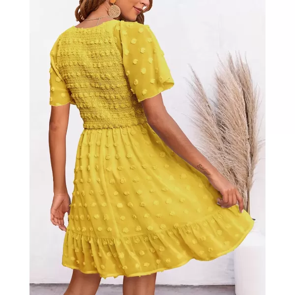 imageBTFBM Womens V Neck Smocked Short Sleeve Casual Dress Swiss Dot Swing Flowy Ruffle Hem Mini Beach Summer Dresses 2023Swiss Dot Yellow