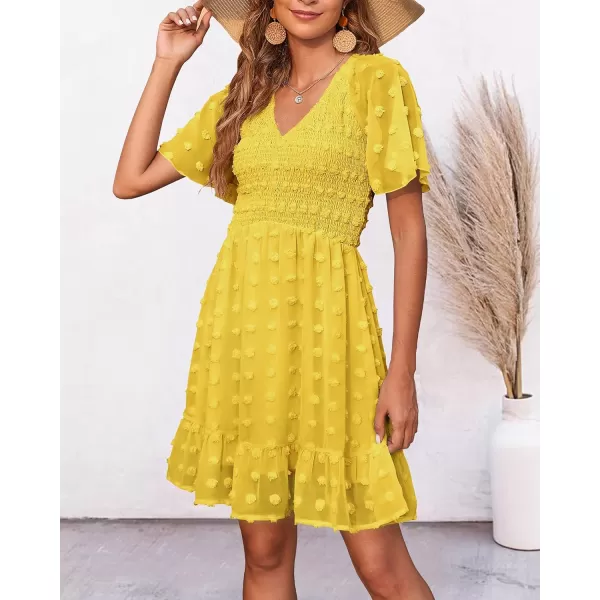 imageBTFBM Womens V Neck Smocked Short Sleeve Casual Dress Swiss Dot Swing Flowy Ruffle Hem Mini Beach Summer Dresses 2023Swiss Dot Yellow