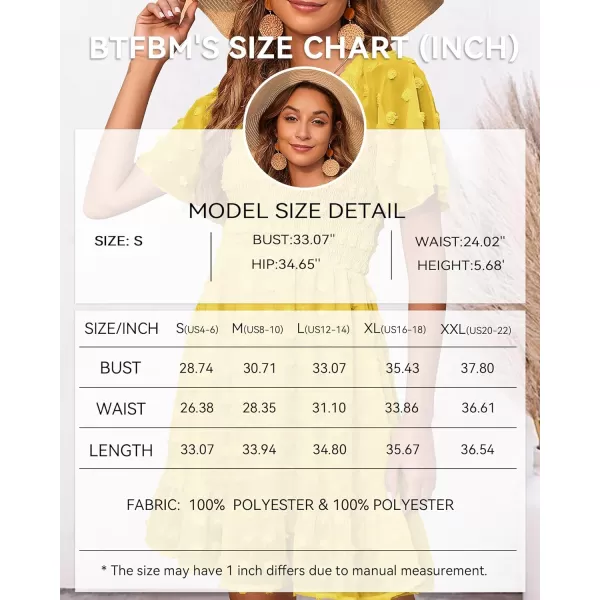imageBTFBM Womens V Neck Smocked Short Sleeve Casual Dress Swiss Dot Swing Flowy Ruffle Hem Mini Beach Summer Dresses 2023Swiss Dot Yellow