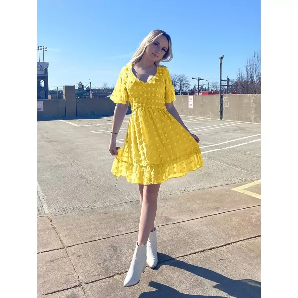 imageBTFBM Womens V Neck Smocked Short Sleeve Casual Dress Swiss Dot Swing Flowy Ruffle Hem Mini Beach Summer Dresses 2023Swiss Dot Yellow