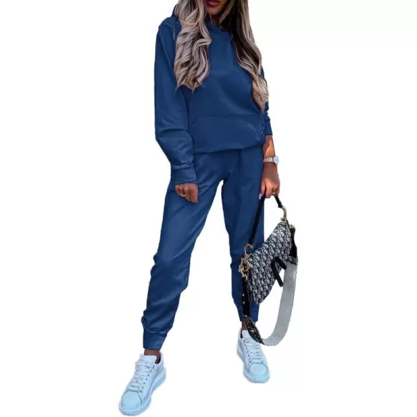 imageBTFBM 2023 Two Piece Outfits Winter Fall Lounge Sets For Women Sweatpant Joggers Set Casual Hoodies Tracksuit SweatsuitsSolid Dark Blue