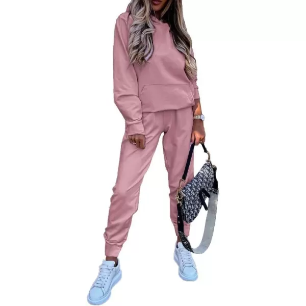 imageBTFBM 2023 Two Piece Outfits Winter Fall Lounge Sets For Women Sweatpant Joggers Set Casual Hoodies Tracksuit SweatsuitsSolid Pink
