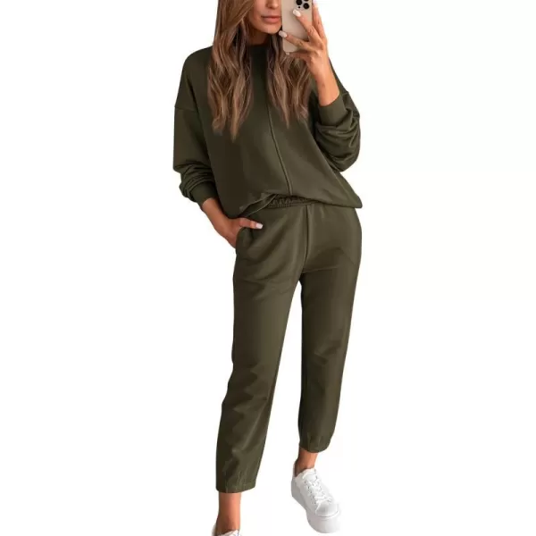 imageBTFBM 2023 Women 2 Piece Outfits Long Sleeve Pullover Jogger Pants Lounge Sets Fall Winter Sweatsuits Tracksuit PocketsSolid Army Green