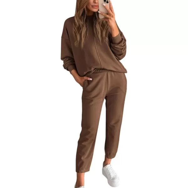 imageBTFBM 2023 Women 2 Piece Outfits Long Sleeve Pullover Jogger Pants Lounge Sets Fall Winter Sweatsuits Tracksuit PocketsSolid Dark Khaki