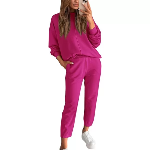 imageBTFBM 2023 Women 2 Piece Outfits Long Sleeve Pullover Jogger Pants Lounge Sets Fall Winter Sweatsuits Tracksuit PocketsSolid Rose Red