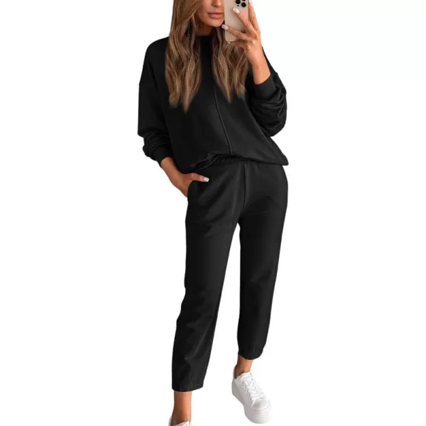 imageBTFBM 2023 Women 2 Piece Outfits Long Sleeve Pullover Jogger Pants Lounge Sets Thick Fall Winter Sweatsuits TracksuitSolid Black