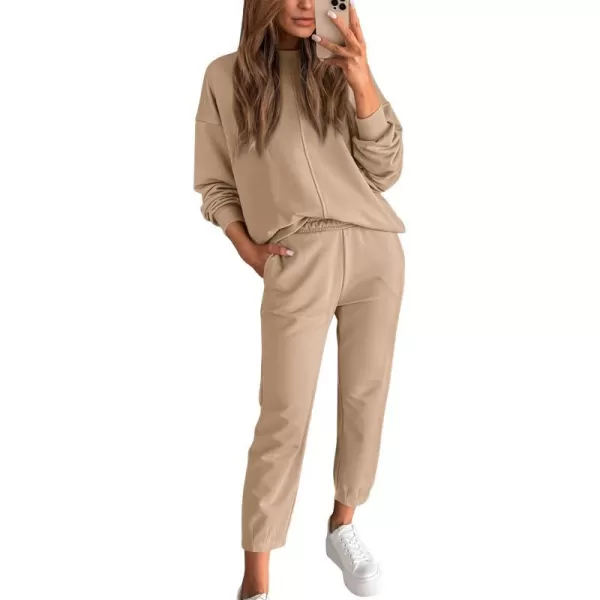 imageBTFBM 2023 Women 2 Piece Outfits Long Sleeve Pullover Jogger Pants Lounge Sets Thick Fall Winter Sweatsuits TracksuitSolid Khaki