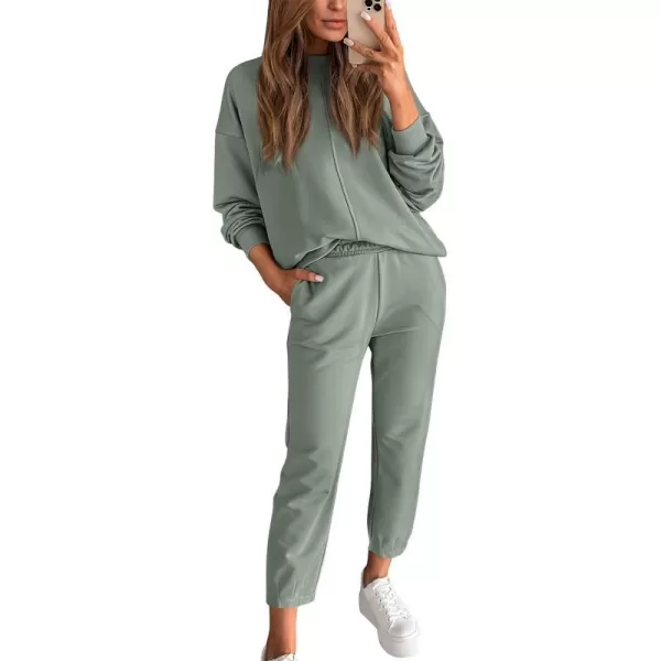 imageBTFBM 2023 Women 2 Piece Outfits Long Sleeve Pullover Jogger Pants Lounge Sets Thick Fall Winter Sweatsuits TracksuitSolid Light Green