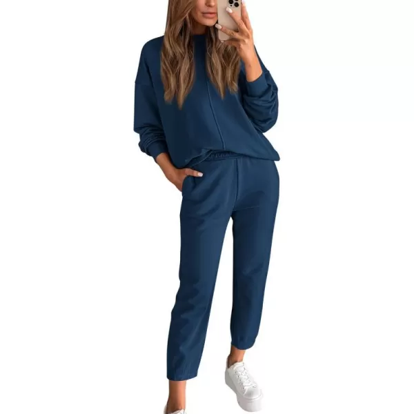 imageBTFBM 2023 Women 2 Piece Outfits Long Sleeve Pullover Jogger Pants Lounge Sets Thick Fall Winter Sweatsuits TracksuitSolid Navy