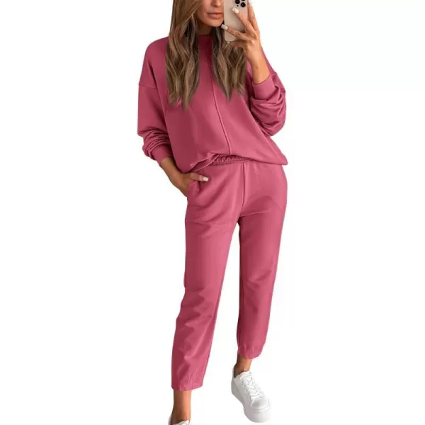 imageBTFBM 2023 Women 2 Piece Outfits Long Sleeve Pullover Jogger Pants Lounge Sets Thick Fall Winter Sweatsuits TracksuitSolid Peach Red